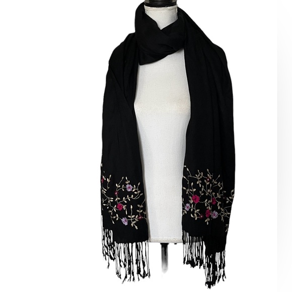 Long Scarf Embroidered Floral Shawl Wrap Black Pink Purple Tan Fringe - Picture 2 of 9